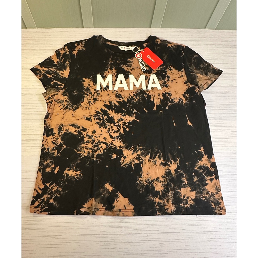 PatPat MAMA Graphic Tee Black Tan Tie Dye Bleach Wash Cotton T-Shirt Womens XL